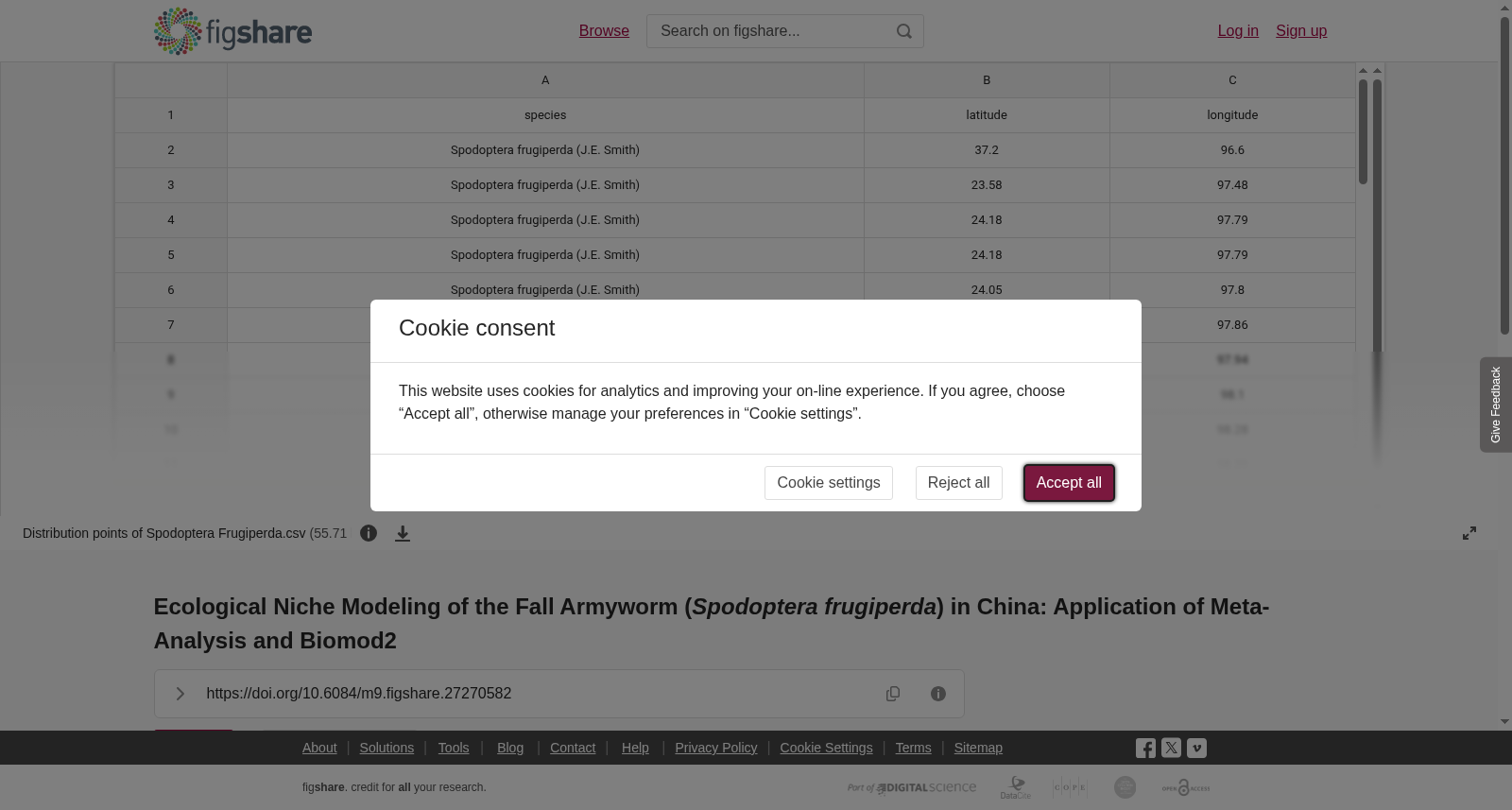 <b>Ecological Niche Modeling of the Fall Armyworm (</b><b><i>Spodoptera frugiperda</i></b><b>) in China: Application of Meta-Analysis and Biomod2</b> 数据集图片