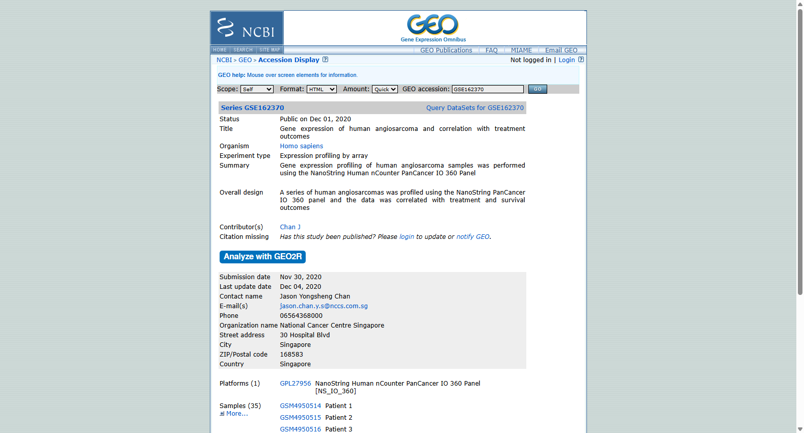 GSE162370 Gene expression of human angiosarcoma and correlation with treatment outcomes