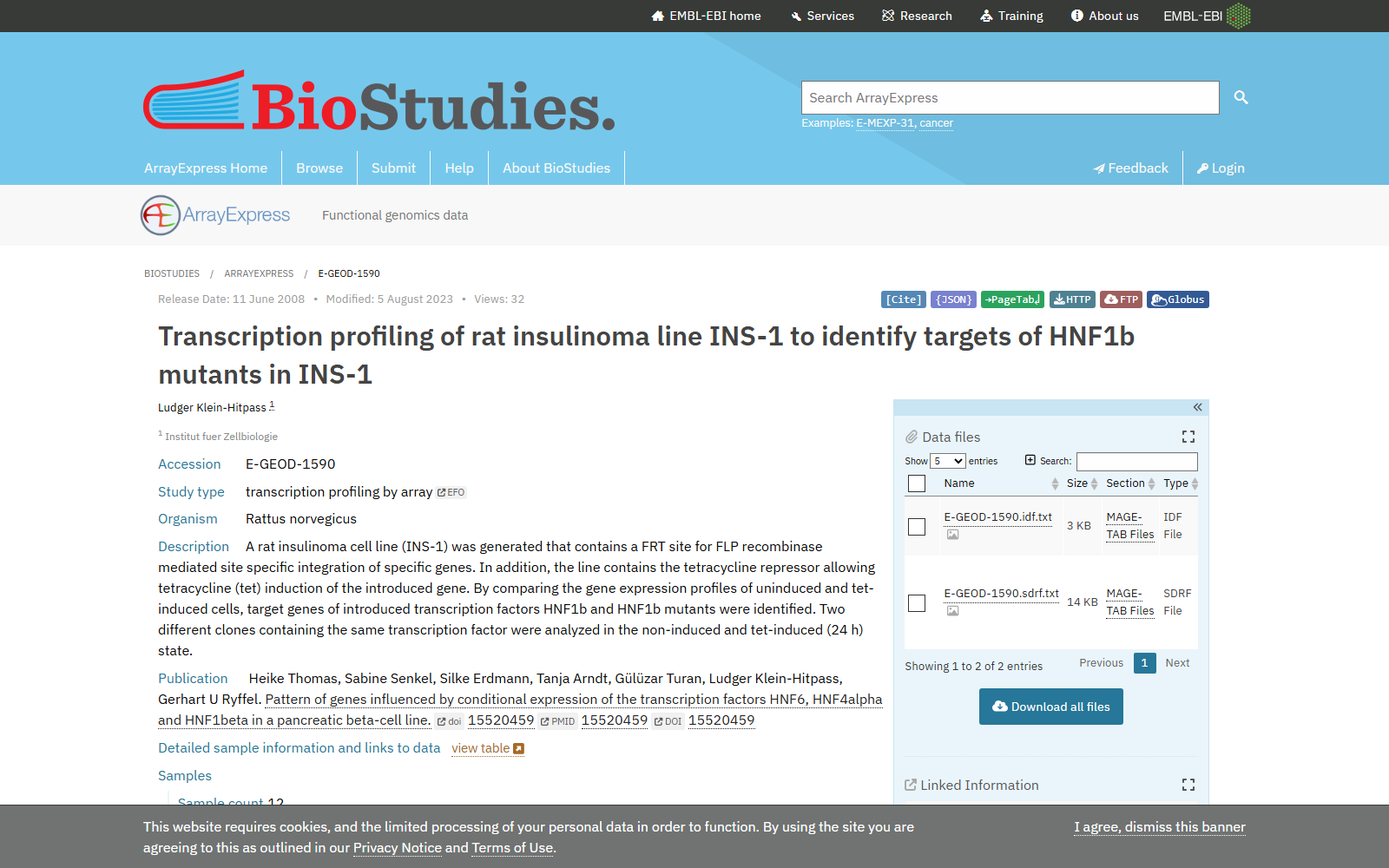 E-GEOD-1590 Transcription profiling of rat insulinoma line INS-1 to identify targets of HNF1b mutants