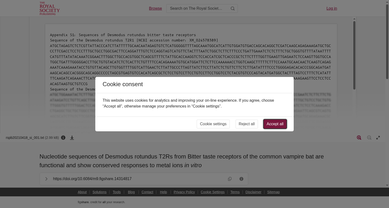 Nucleotide sequences of Desmodus rotundus T2Rs from Bitter taste receptors of the common vampire bat are functional and show conserved responses to metal ions <i>in vitro</i> 数据集图片