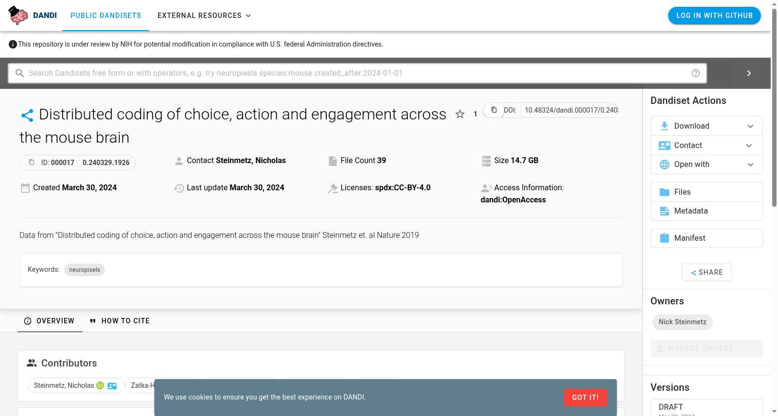 Distributed coding of choice, action and engagement across the mouse brain 数据集图片