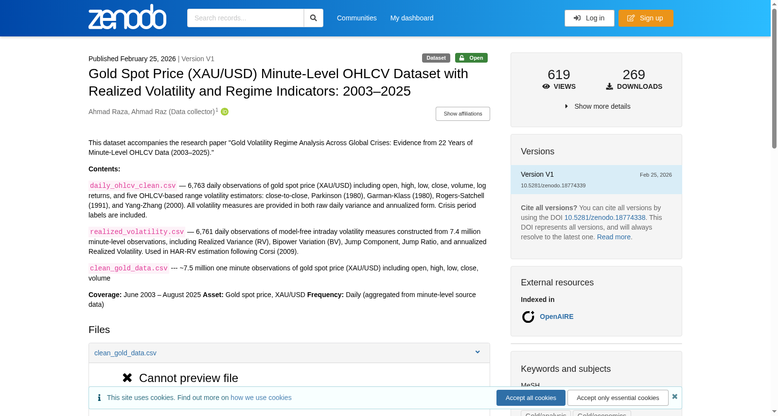 Gold Spot Price (XAU/USD) Minute-Level OHLCV Dataset with Realized Volatility and Regime Indicators: 2003–2025 数据集图片
