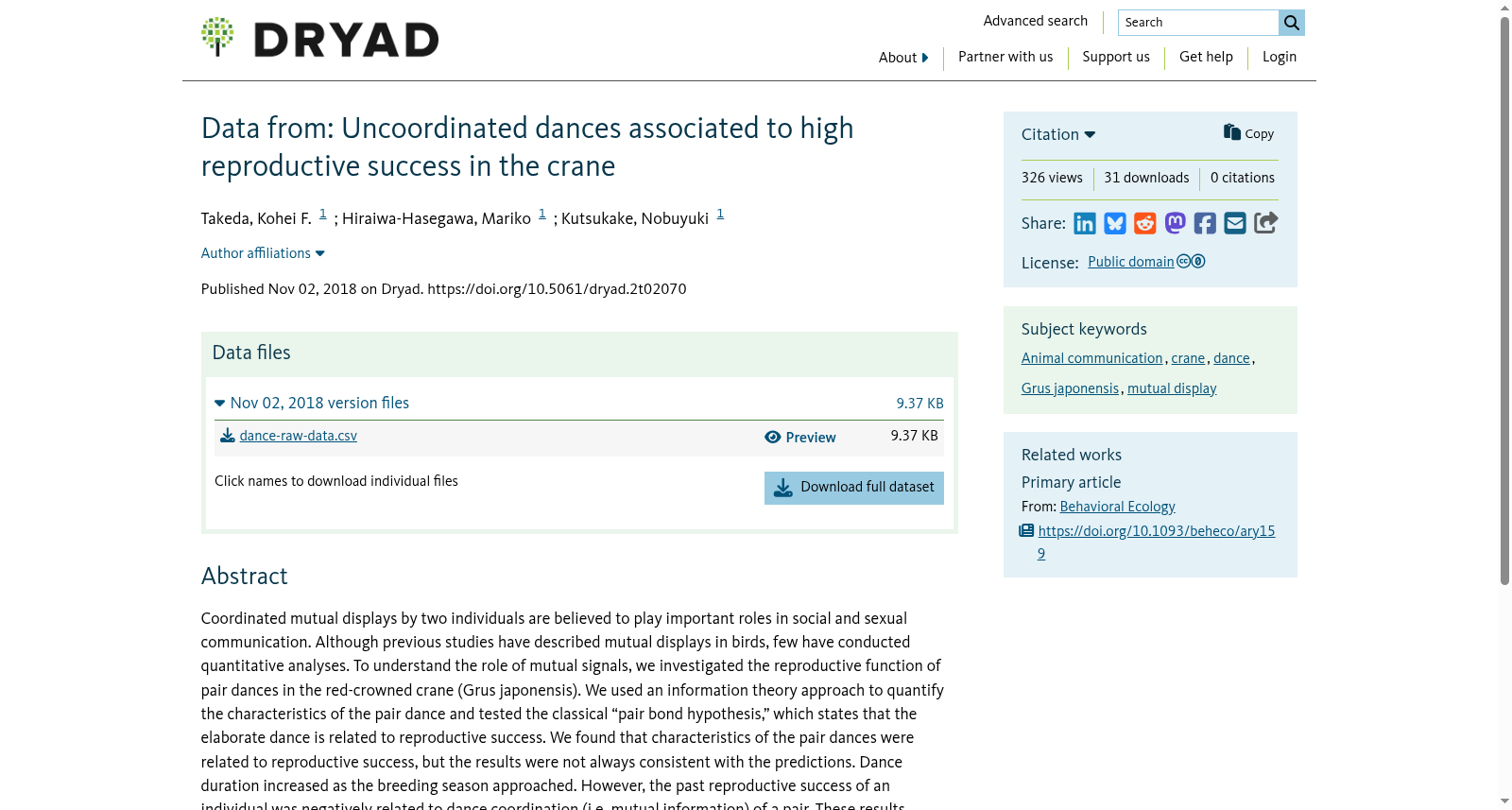 Data from: Uncoordinated dances associated to high reproductive success in the crane 数据集图片