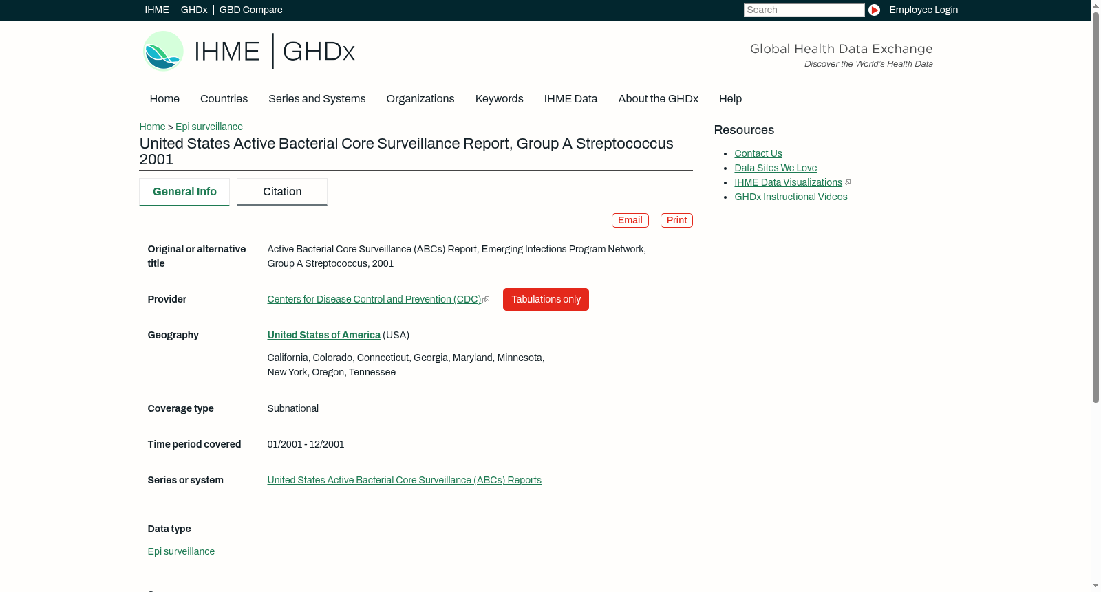 United States Active Bacterial Core Surveillance Report, Group A Streptococcus 2001 数据集图片