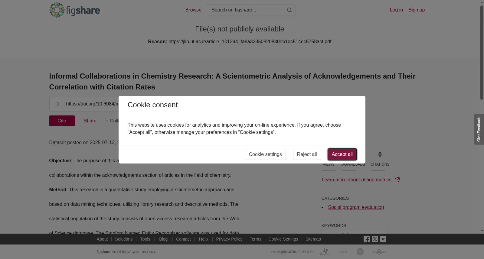 <b>Informal Collaborations in Chemistry Research: A Scientometric Analysis </b><b>of Acknowledgements and Their Correlation with Citation Rates</b> 数据集图片