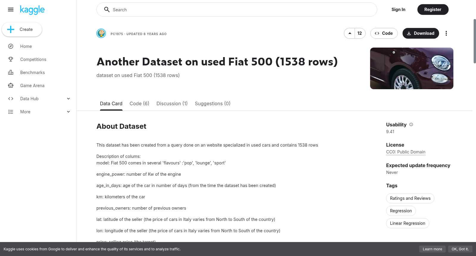 Another Dataset on used Fiat 500 (1538 rows) 数据集图片