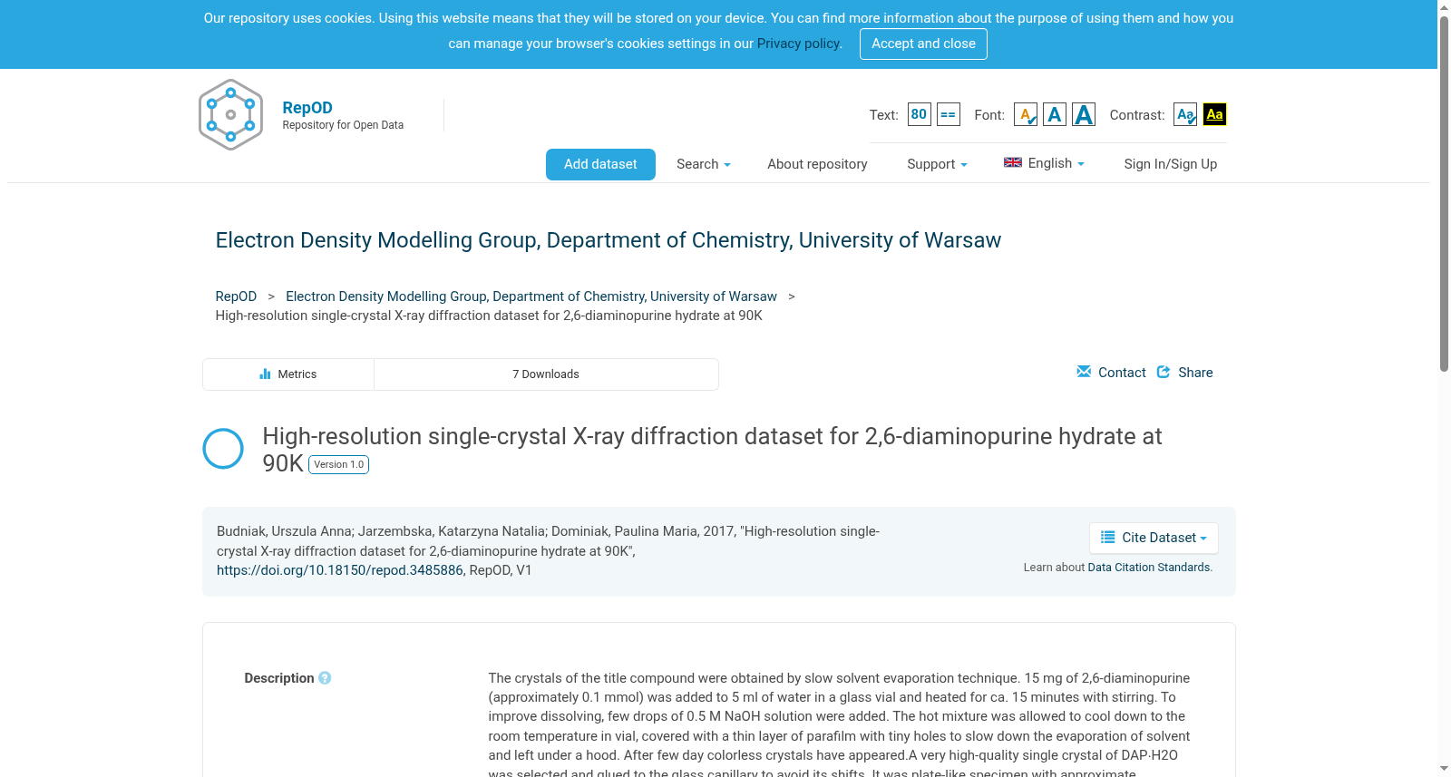 High-resolution single-crystal X-ray diffraction dataset for 2,6-diaminopurine hydrate at 90K 数据集图片