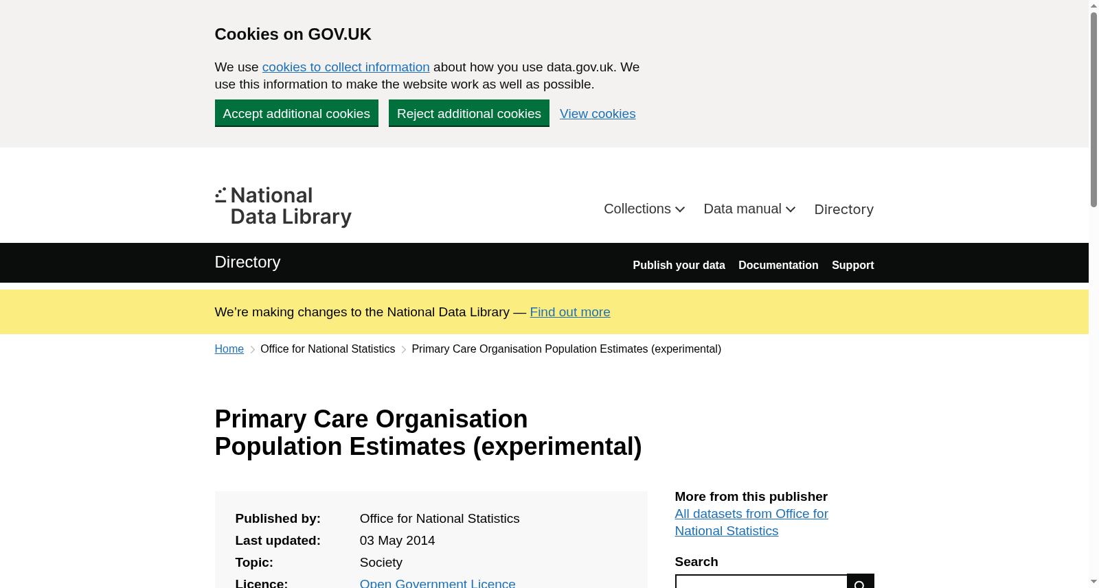 Primary Care Organisation Population Estimates (experimental) 数据集图片
