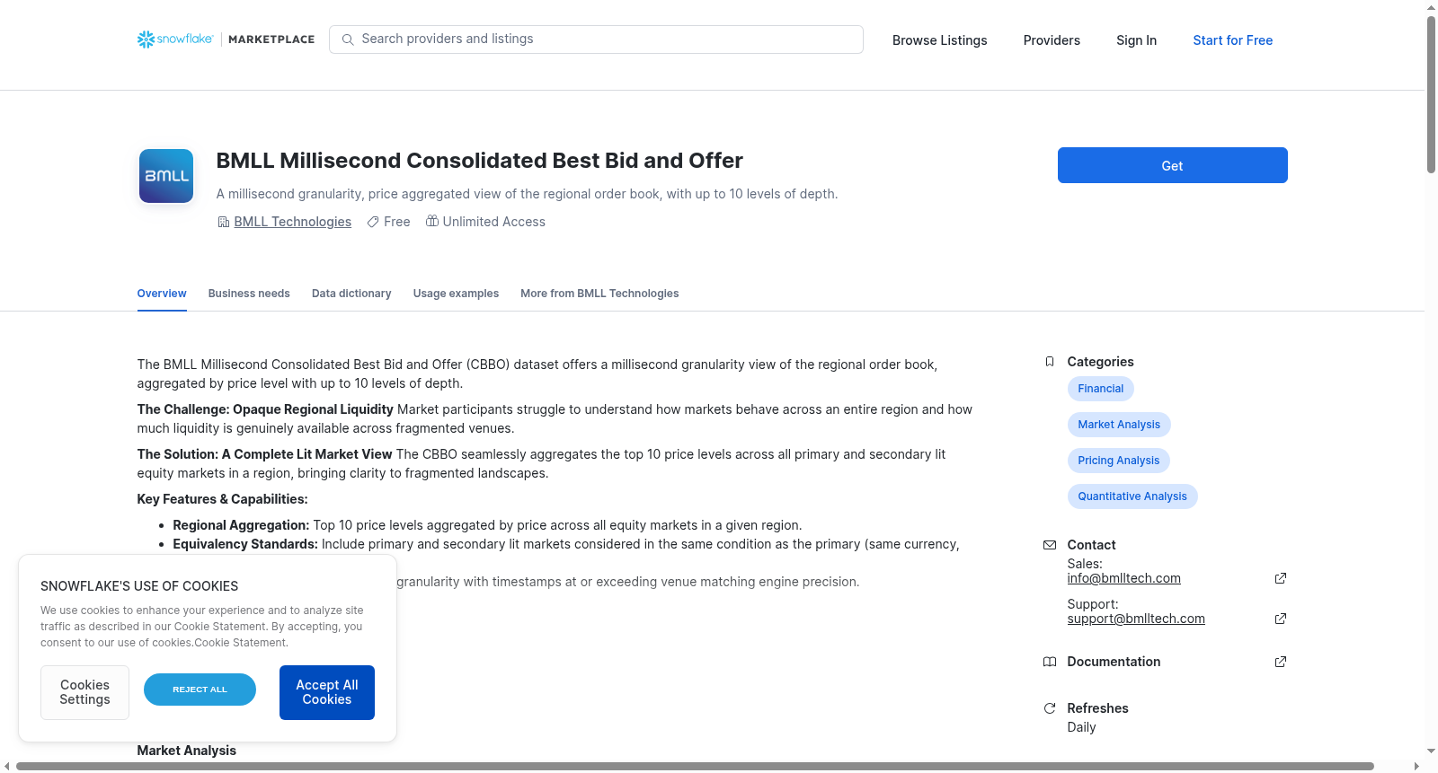 BMLL Millisecond Consolidated Best Bid and Offer 数据集图片