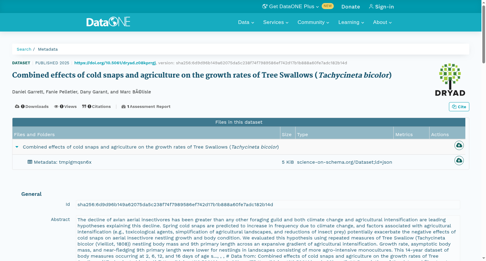Combined effects of cold snaps and agriculture on the growth rates of Tree Swallows (<em>Tachycineta bicolor</em>) 数据集图片