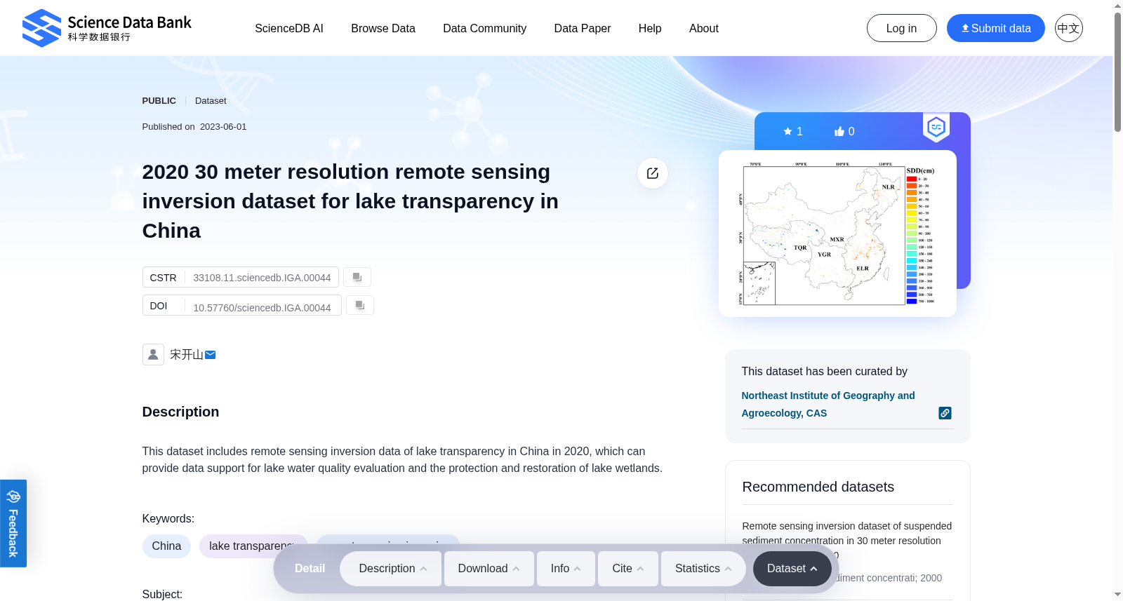 2020 30 meter resolution remote sensing inversion dataset for lake transparency in China 数据集图片