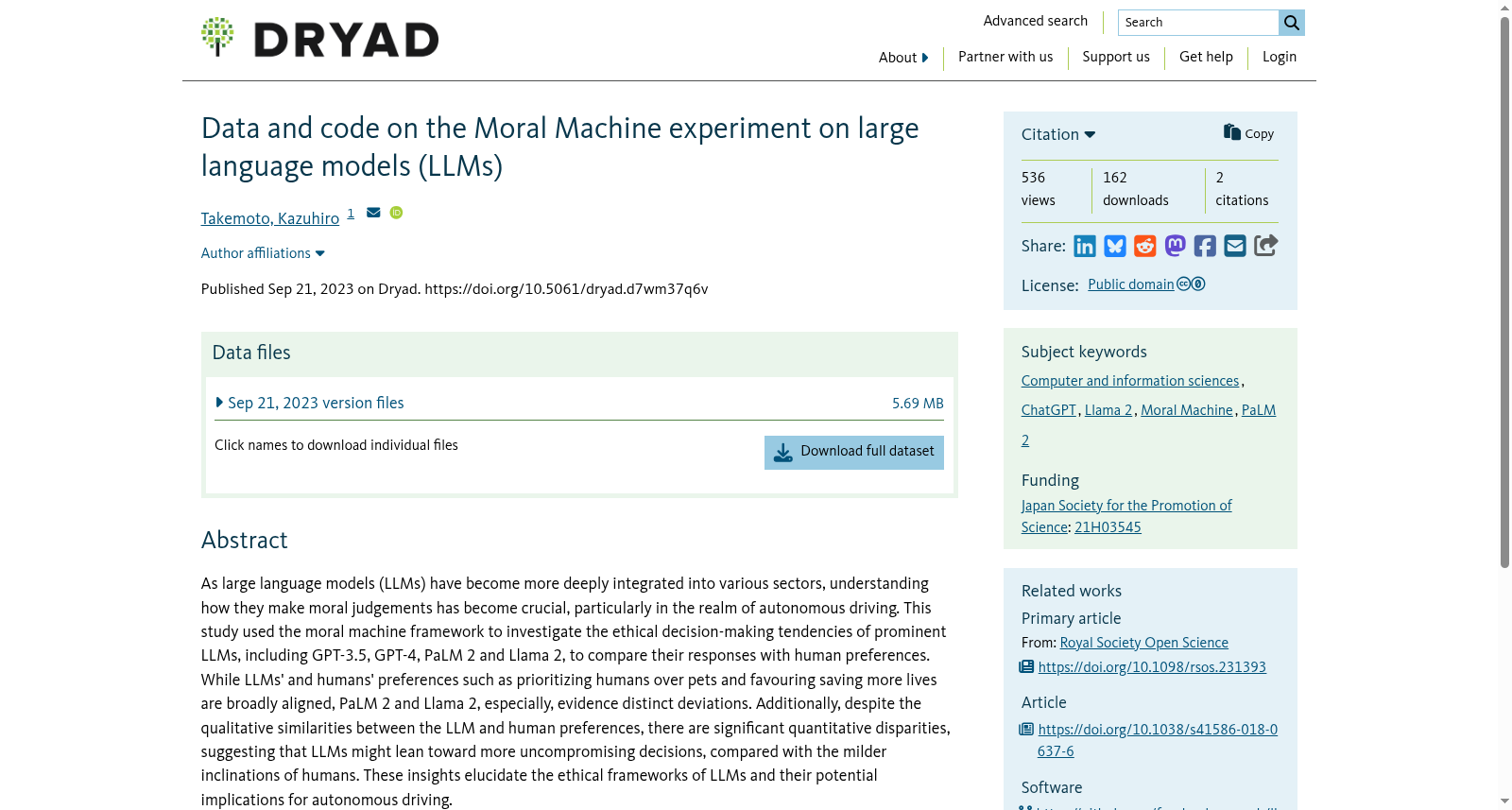 Data and code on the Moral Machine experiment on large language models (LLMs) 数据集图片