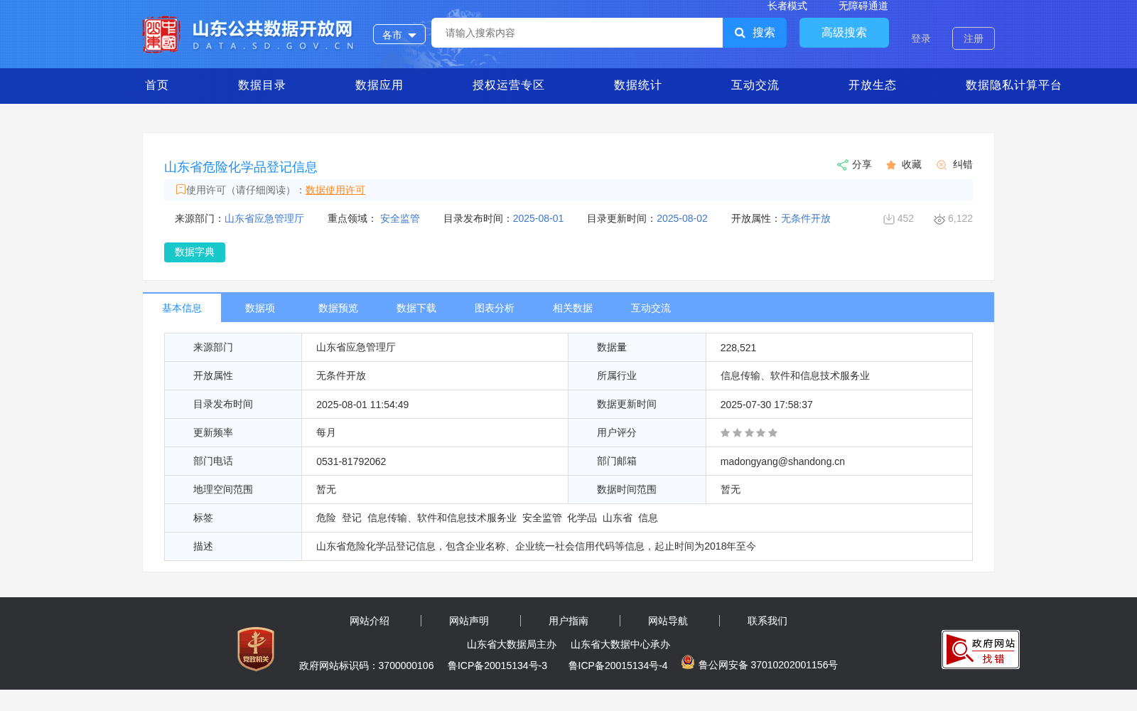 山东省危险化学品登记信息 数据集图片
