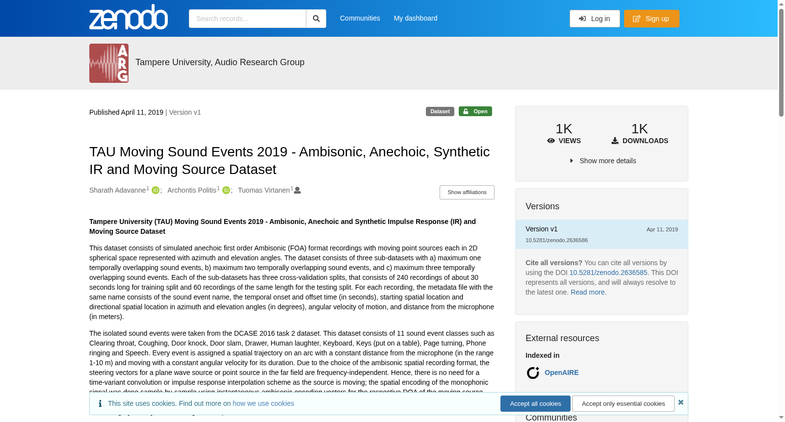 TAU Moving Sound Events 2019 - Ambisonic, Anechoic, Synthetic IR and Moving Source Dataset 数据集图片