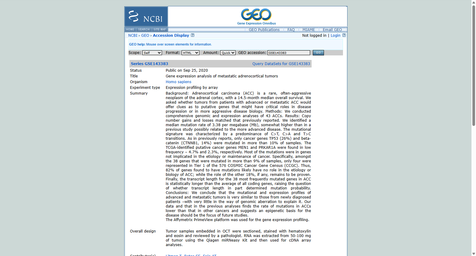 GSE143383 Adrenocortical carcinoma transcriptome