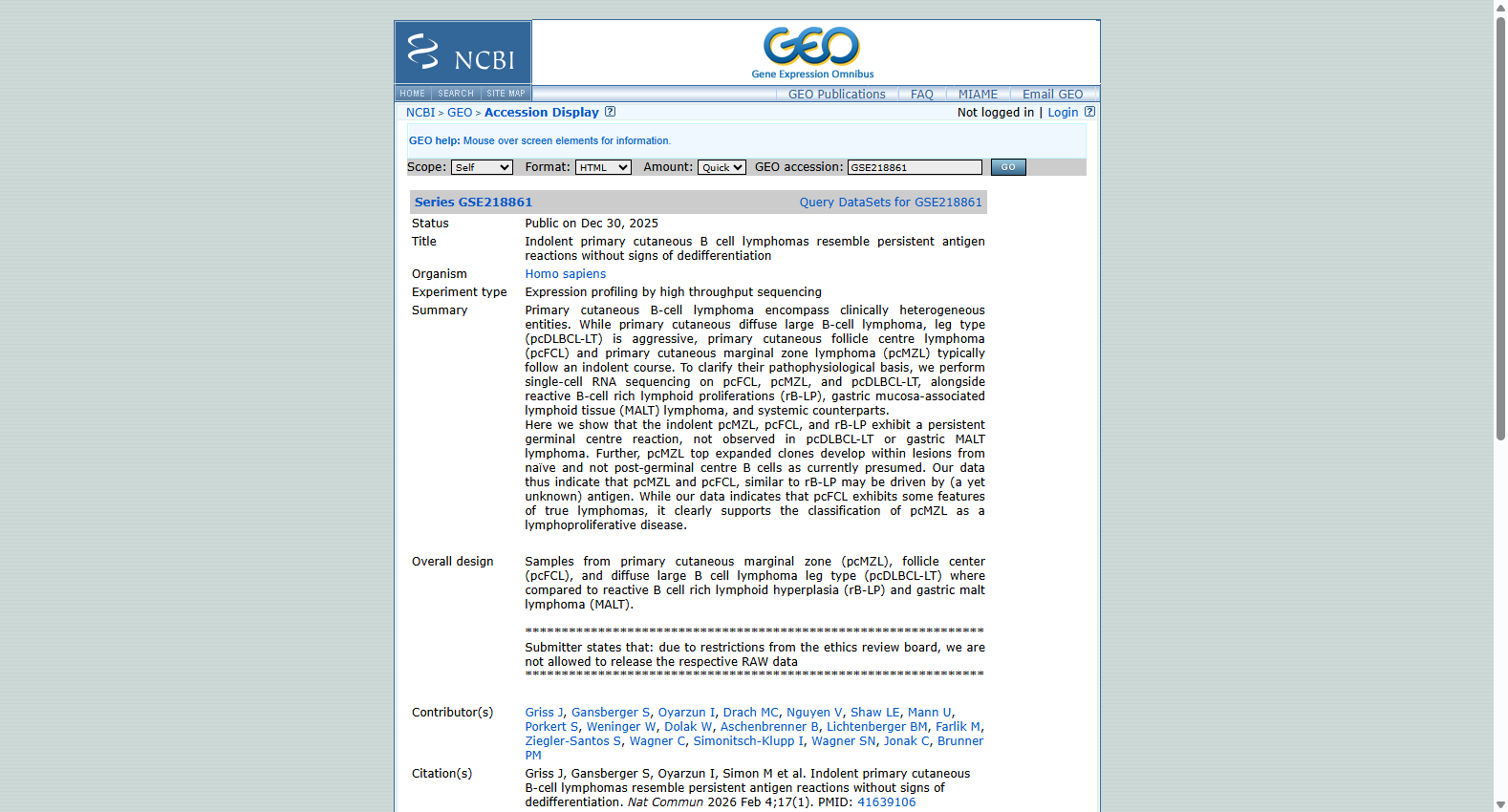 GSE218861 Indolent primary cutaneous B cell lymphomas scRNA-seq