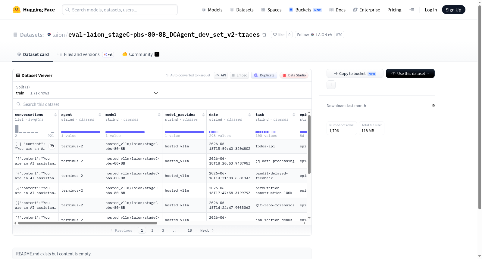 eval-laion_stageC-pbs-80-8B_DCAgent_dev_set_v2-traces 数据集图片