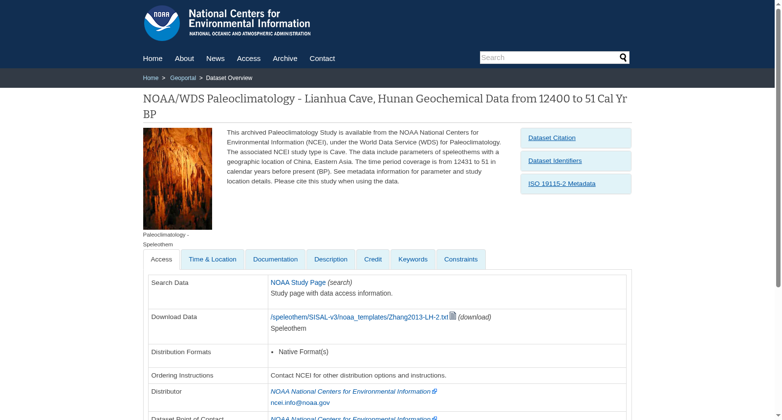 NOAA/WDS Paleoclimatology - Lianhua Cave, Hunan Geochemical Data from 12400 to 51 Cal Yr BP 数据集图片