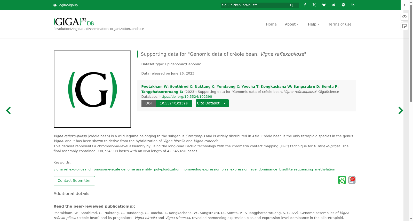 Supporting data for "Genomic data of créole bean, <i>Vigna reflexopilosa</i>" 数据集图片