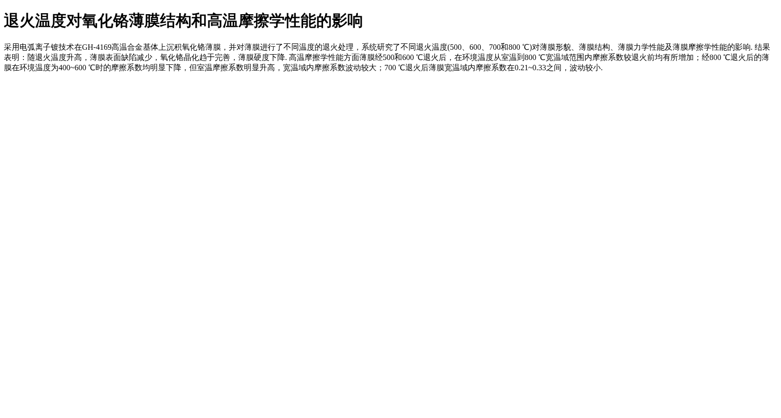 退火温度对氧化铬薄膜结构和高温摩擦学性能的影响 数据集图片