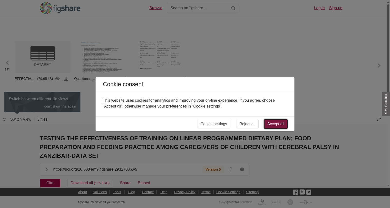 <b>TESTING THE EFFECTIVENESS OF TRAINING ON LINEAR PROGRAMMED DIETARY PLAN; FOOD PREPARATION AND FEEDING PRACTICE AMONG CAREGIVERS OF CHILDREN WITH CEREBRAL PALSY IN ZANZIBAR-DATA SET</b> 数据集图片