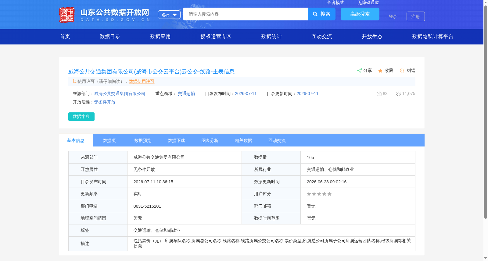 威海公共交通集团有限公司(威海市公交云平台)云公交-线路-主表信息 数据集图片