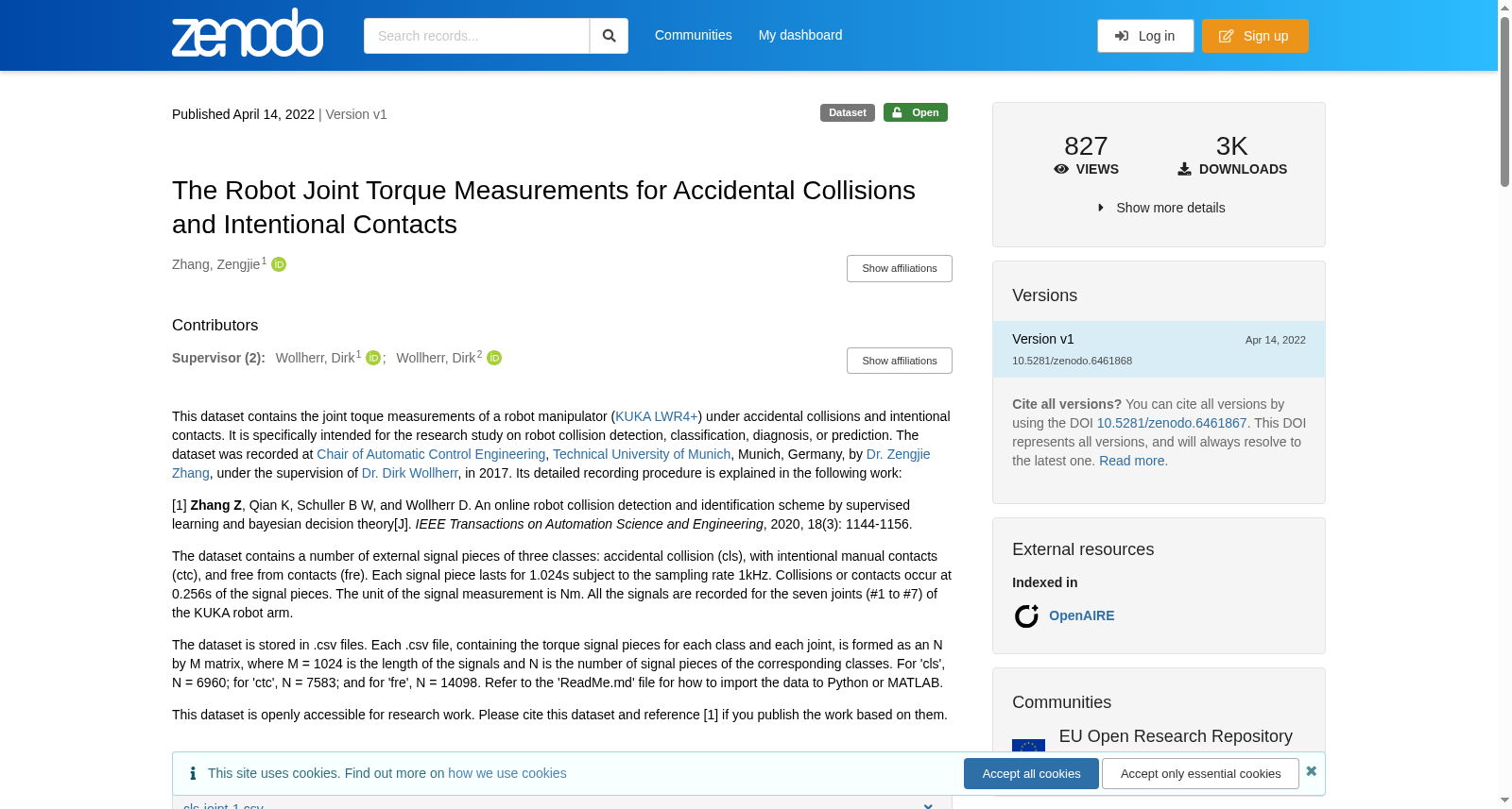 The Robot Joint Torque Measurements for Accidental Collisions and Intentional Contacts 数据集图片