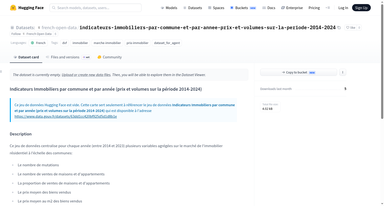 Data-Gouv-FR/indicateurs-immobiliers-par-commune-et-par-annee-prix-et-volumes-sur-la-periode-2014-2024 数据集图片