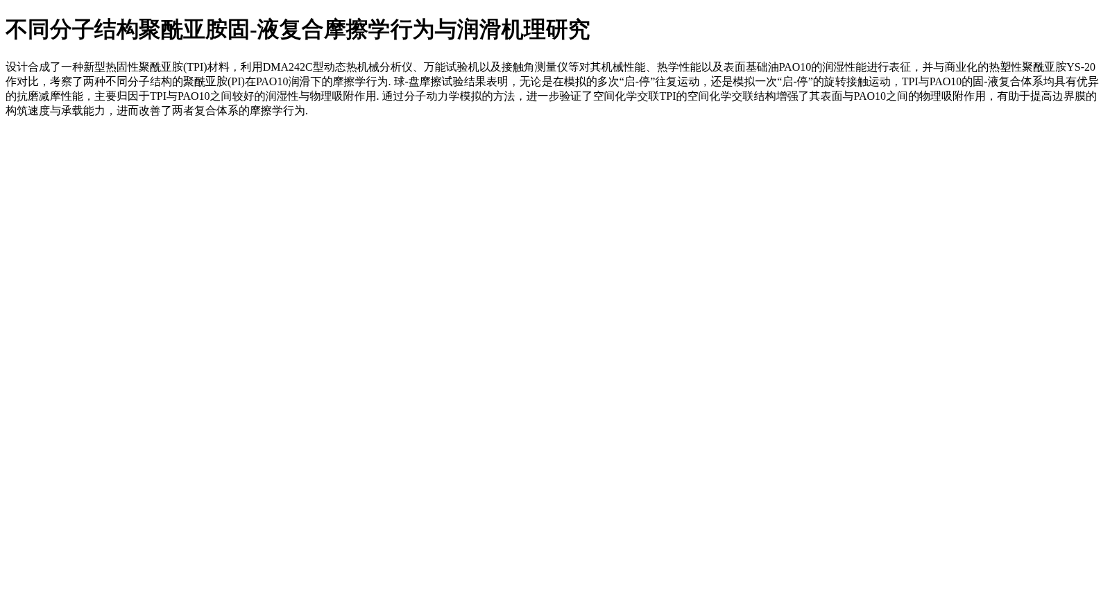 不同分子结构聚酰亚胺固-液复合摩擦学行为与润滑机理研究 数据集图片
