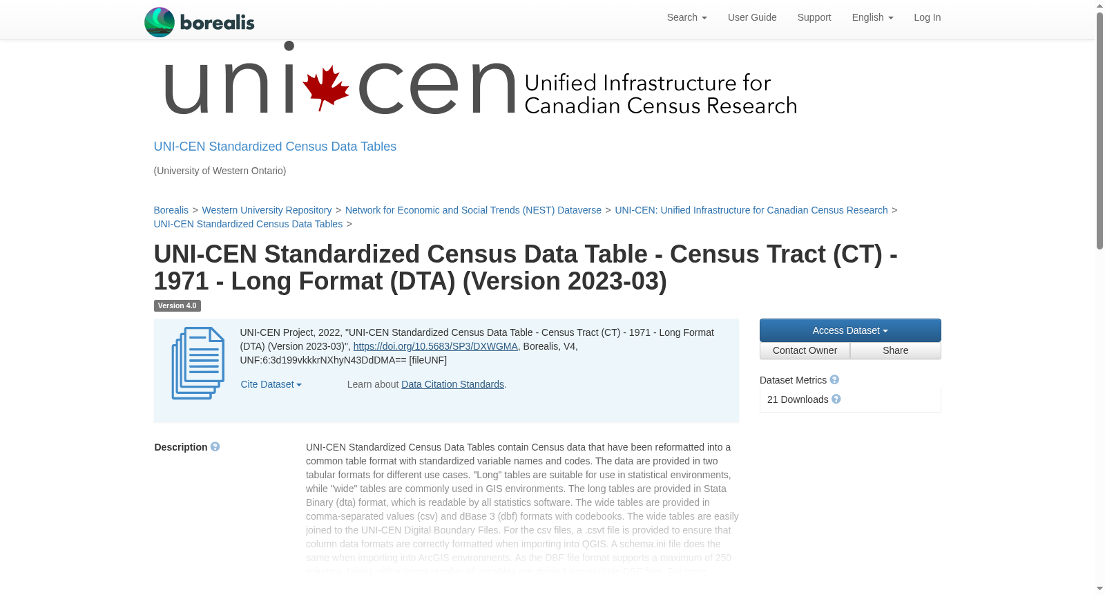 UNI-CEN Standardized Census Data Table - Census Tract (CT) - 1971 - Long Format (DTA) (Version 2023-03) 数据集图片
