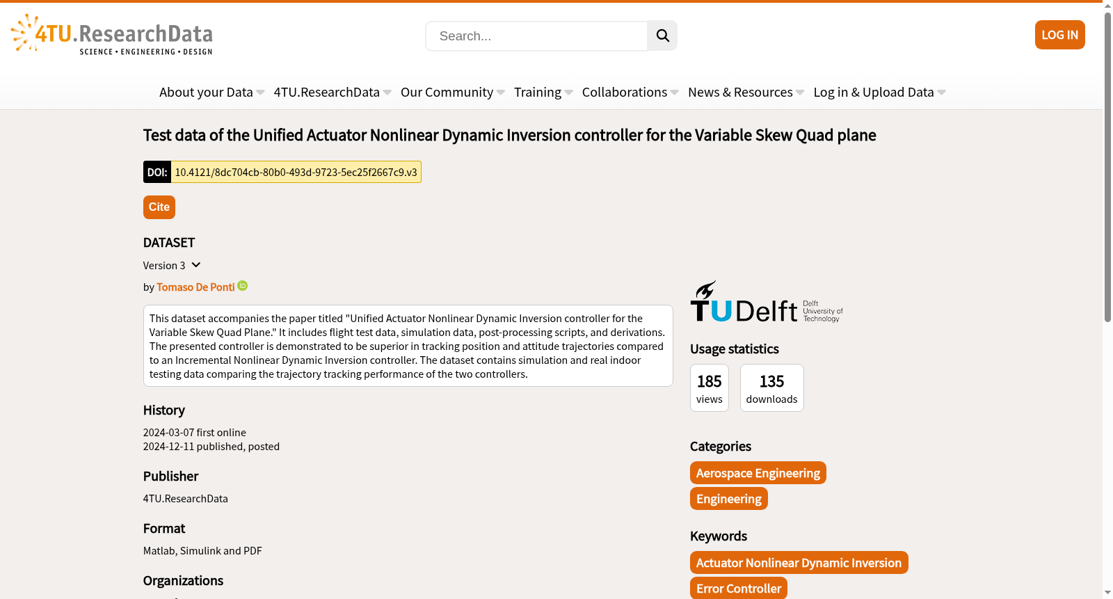 Test data of the Unified Actuator Nonlinear Dynamic Inversion controller for the Variable Skew Quad plane 数据集图片