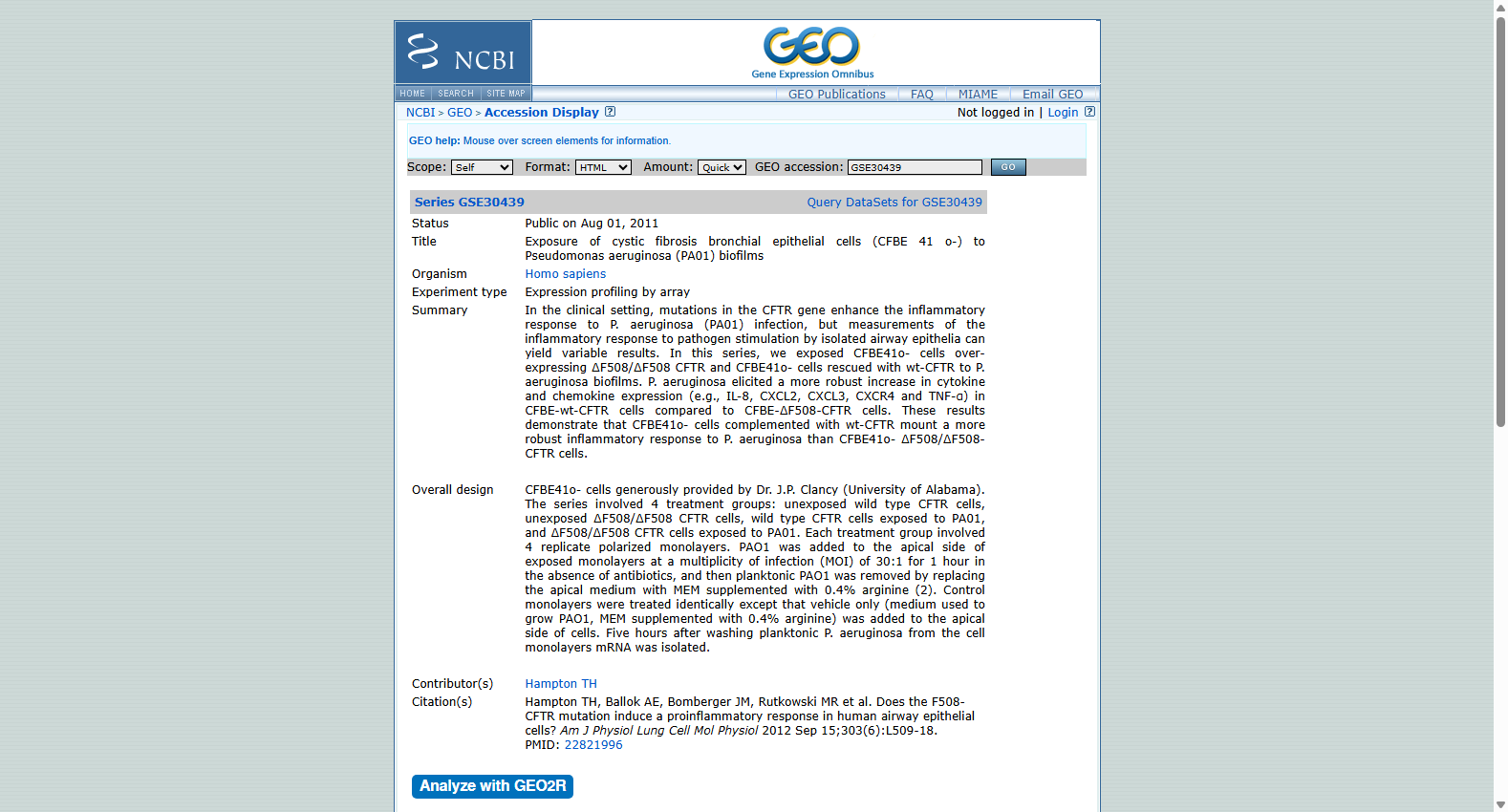 CF bronchial epithelial exposure to Pseudomonas GSE30439