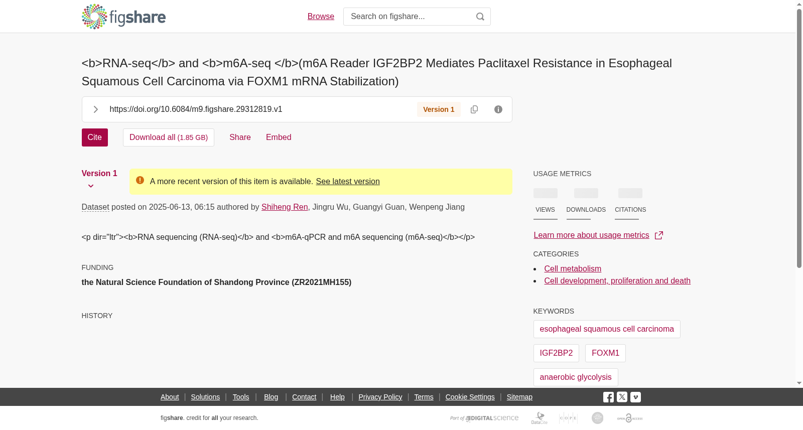 <b>RNA-seq</b> and <b>m6A-seq </b>(m6A Reader IGF2BP2 Mediates Paclitaxel Resistance in Esophageal Squamous Cell Carcinoma via FOXM1 mRNA Stabilization) 数据集图片