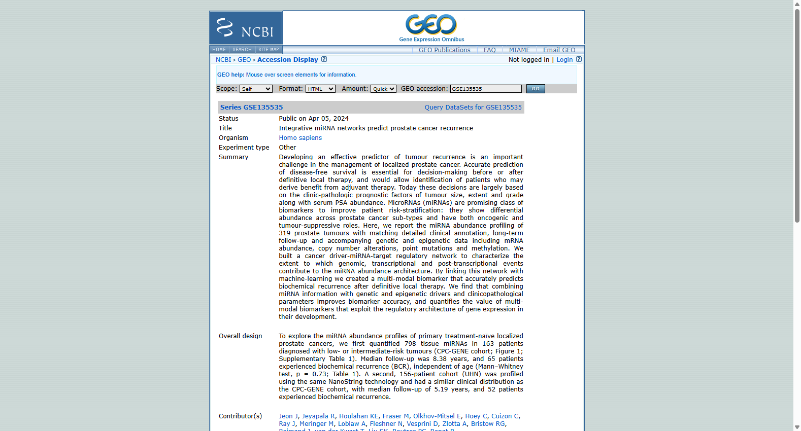 GSE135535 Prostate Cancer Biochemical Recurrence Multi-modal Biomarker Dataset