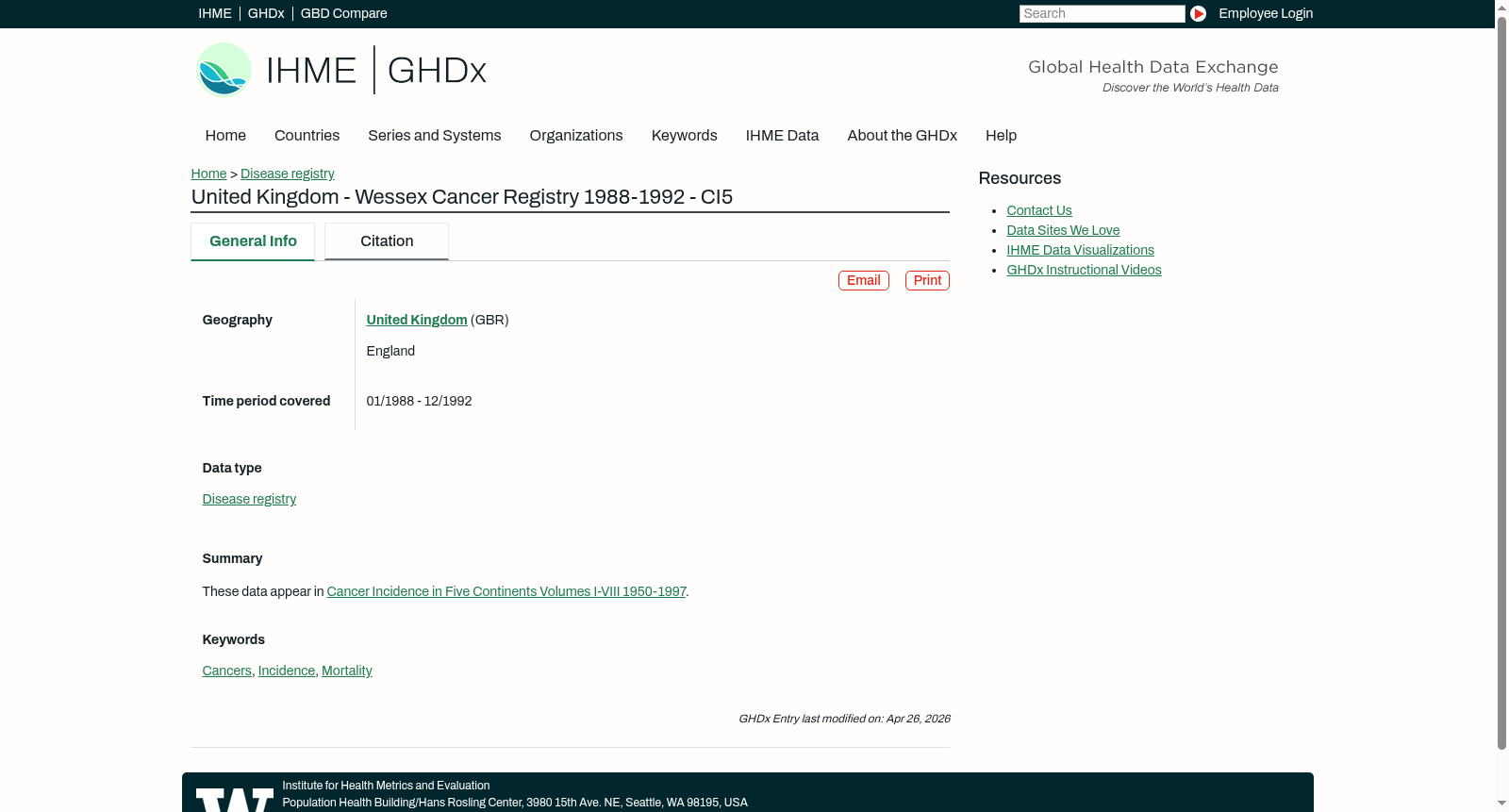 United Kingdom - Wessex Cancer Registry 1988-1992 - CI5 数据集图片