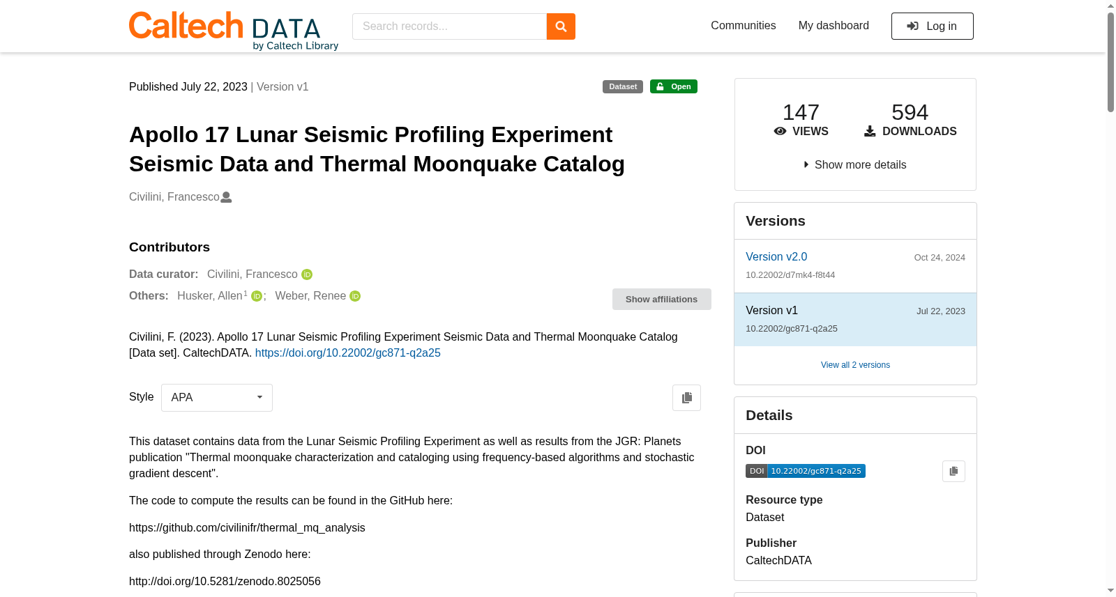Apollo 17 Lunar Seismic Profiling Experiment Seismic Data and Thermal Moonquake Catalog 数据集图片