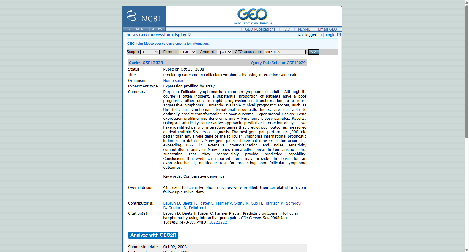 GSE13029 Follicular Lymphoma Outcome Gene Expression Dataset
