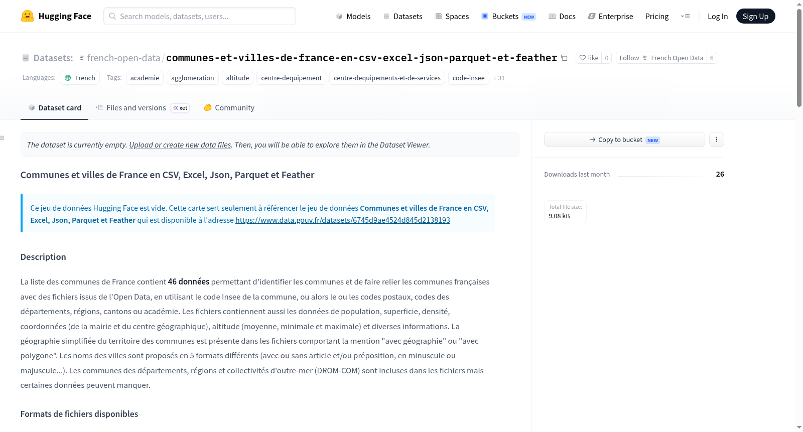 Data-Gouv-FR/communes-et-villes-de-france-en-csv-excel-json-parquet-et-feather 数据集图片