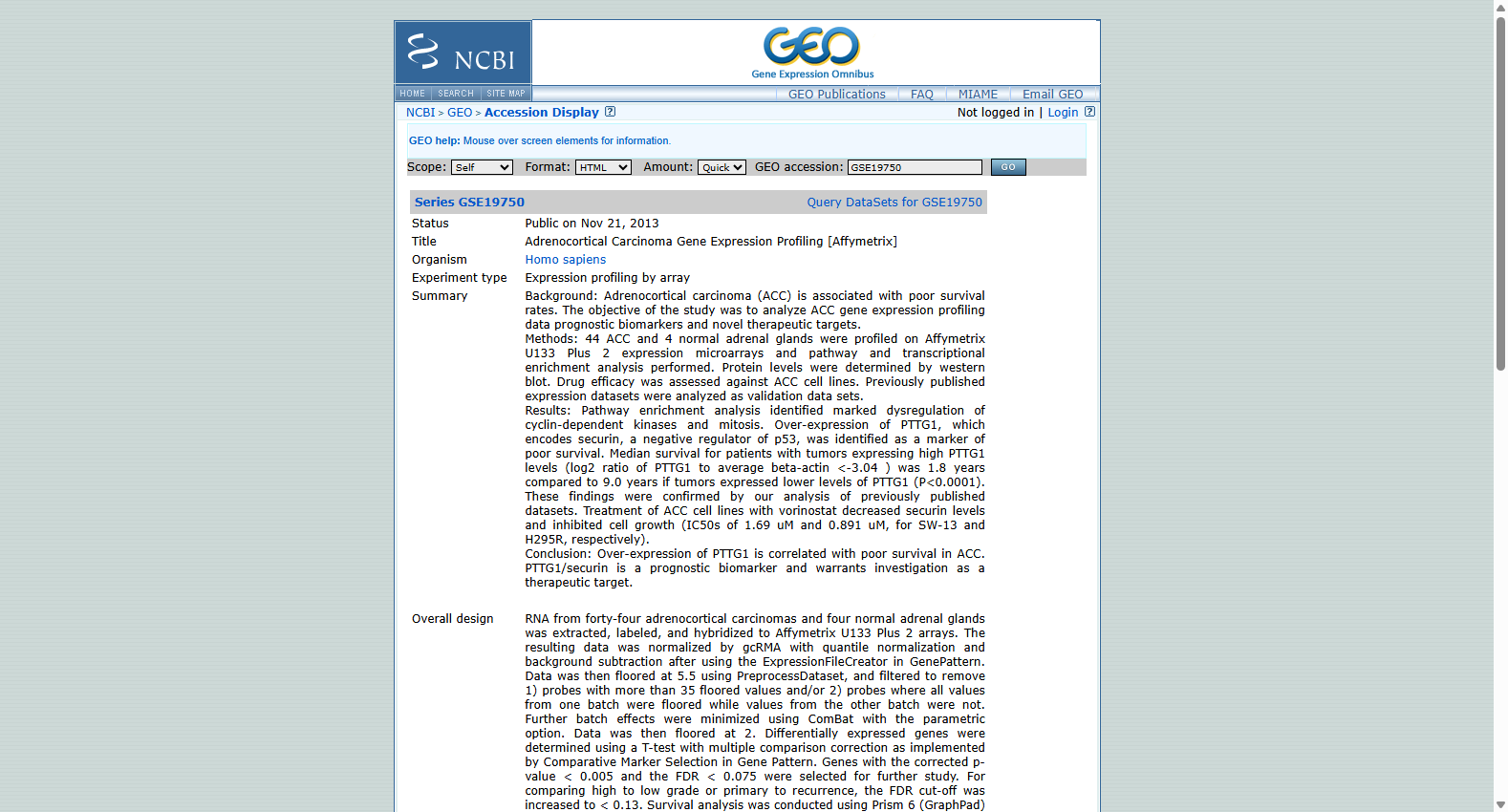 GSE19750 Adrenocortical carcinoma expression