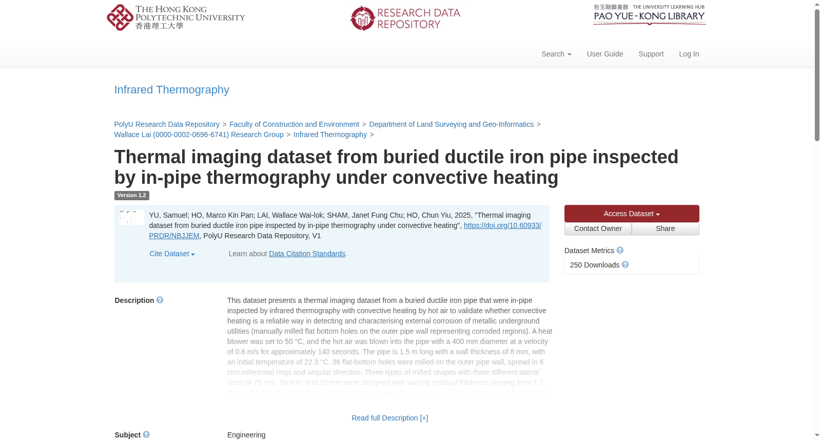 Thermal imaging dataset from buried ductile iron pipe inspected by in-pipe thermography under convective heating 数据集图片