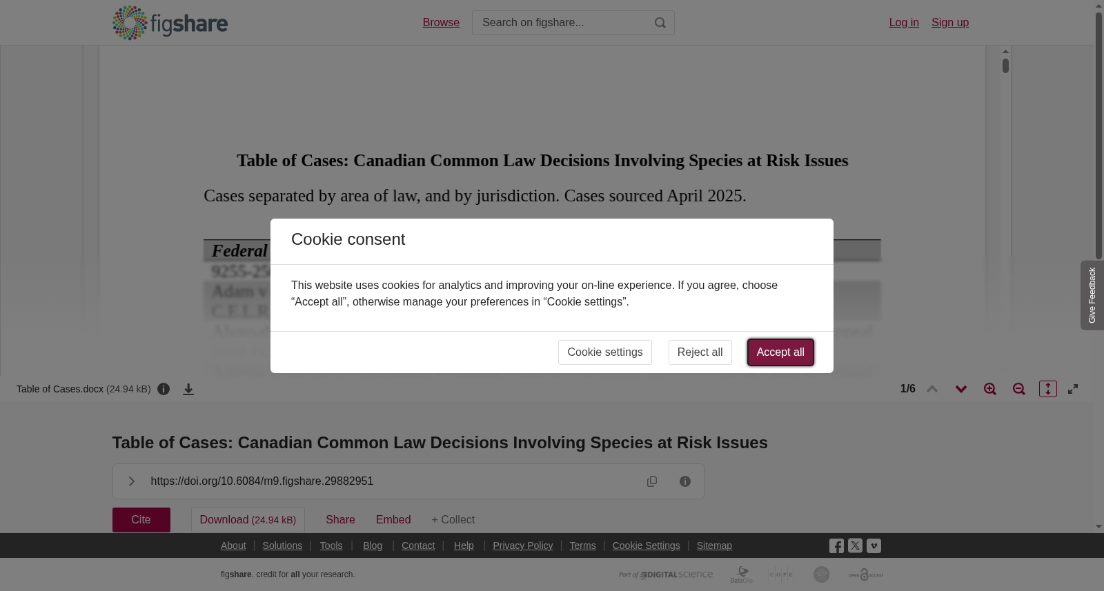 <b>Table of Cases: Canadian Common Law Decisions Involving Species at Risk Issues</b> 数据集图片