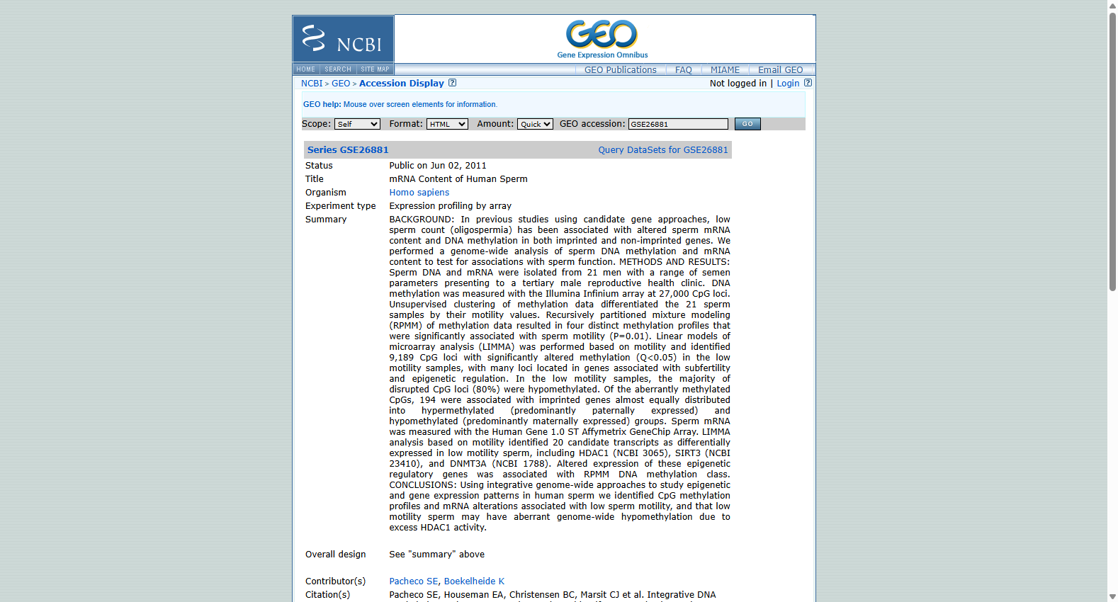 GSE26881 Human Sperm miRNA Expression Dataset