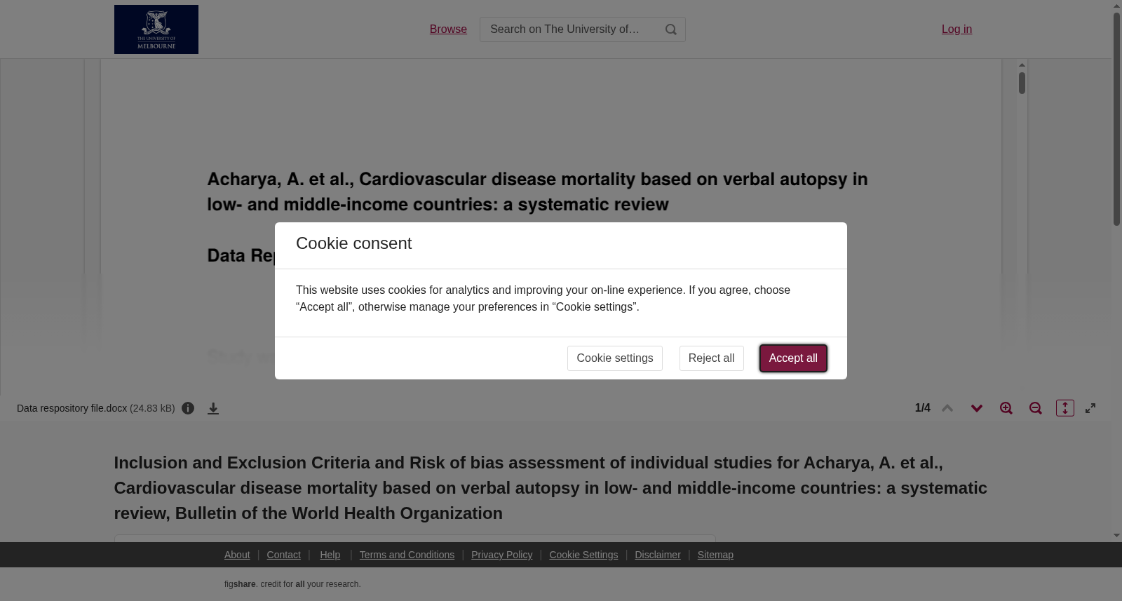 <strong>Inclusion and Exclusion Criteria and Risk of bias assessment of individual studies for Acharya, A. et al., Cardiovascular disease mortality based on verbal autopsy in low- and middle-income countries: a systematic review, Bulletin of the World Health Organization</strong> 数据集图片
