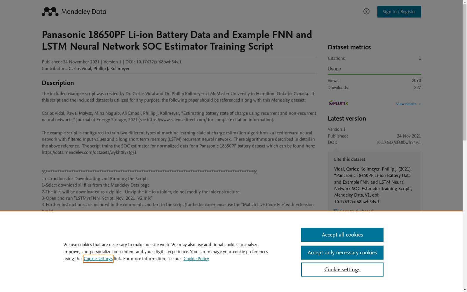 Panasonic 18650PF Li-ion Battery Data and Example FNN and LSTM Neural Network SOC Estimator Training Script 数据集图片