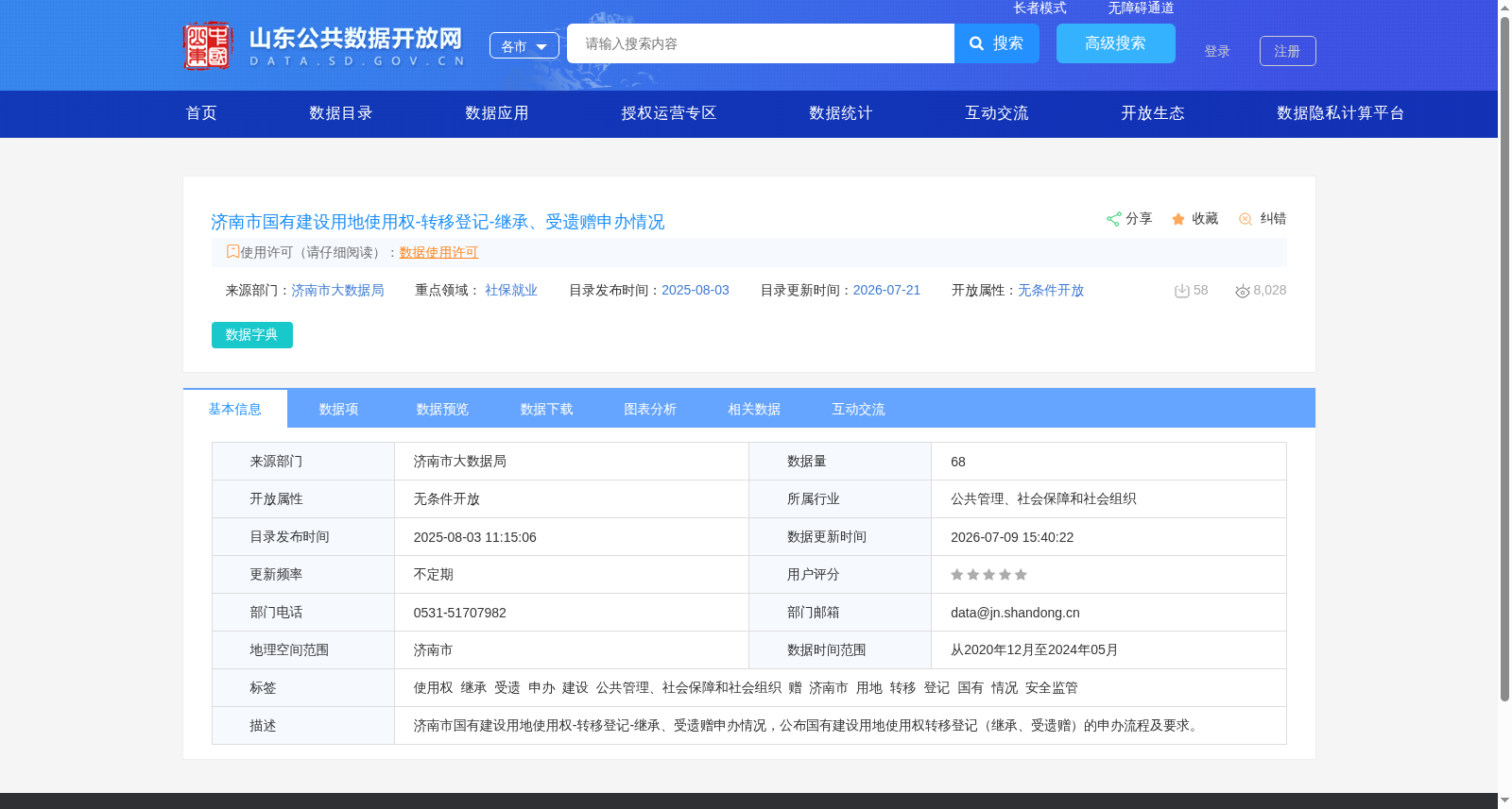 济南市国有建设用地使用权-转移登记-继承、受遗赠申办情况 数据集图片