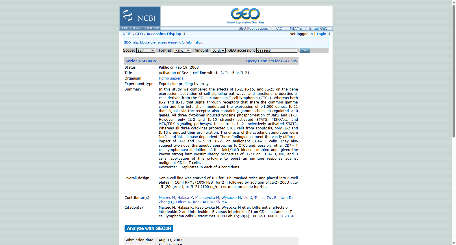 GSE8685 Activation of Sez-4 cell line with IL-2, IL-15 or IL-21