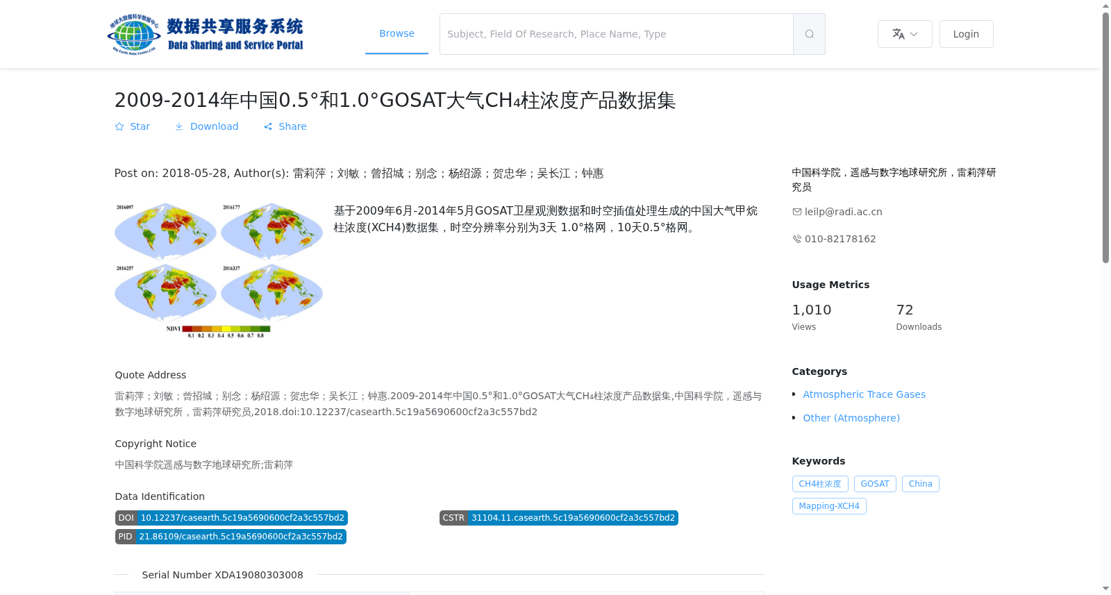 2009-2014年中国0.5°和1.0°GOSAT大气CH₄柱浓度产品数据集 数据集图片