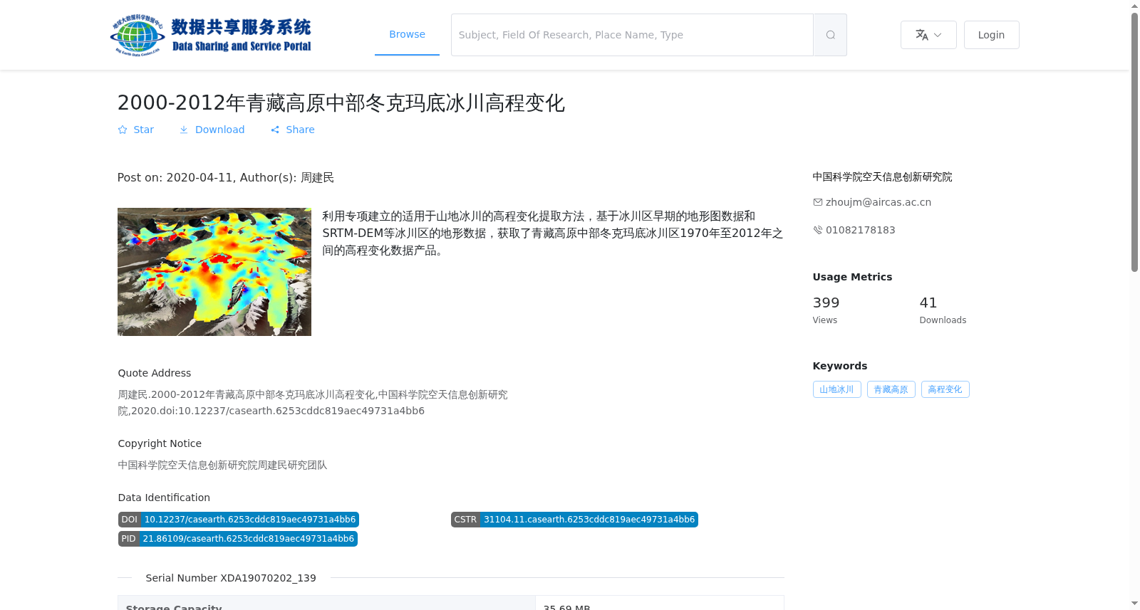 2000-2012年青藏高原中部冬克玛底冰川高程变化 数据集图片