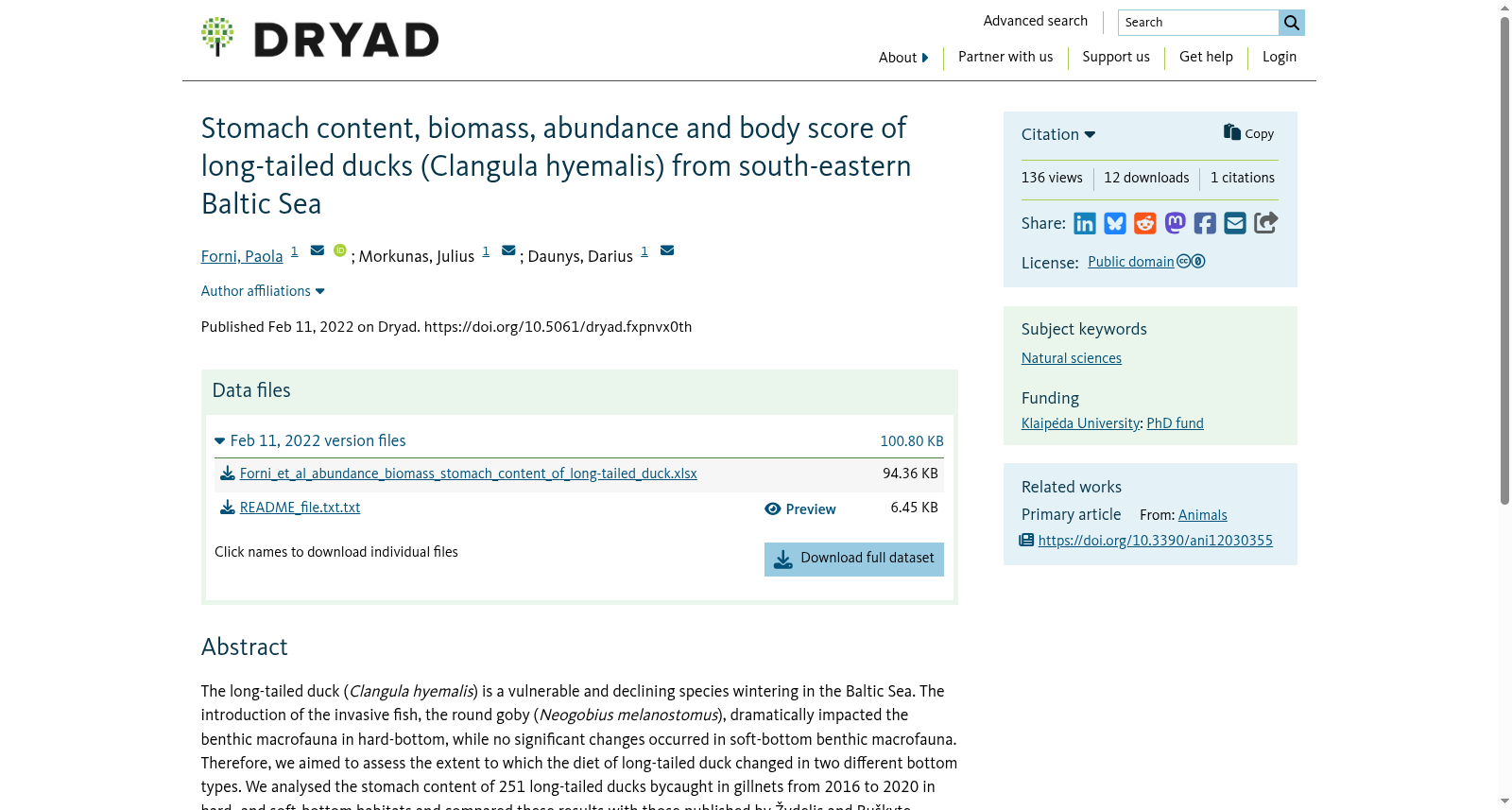 Stomach content, biomass, abundance and body score of long-tailed ducks (Clangula hyemalis) from south-eastern Baltic Sea 数据集图片