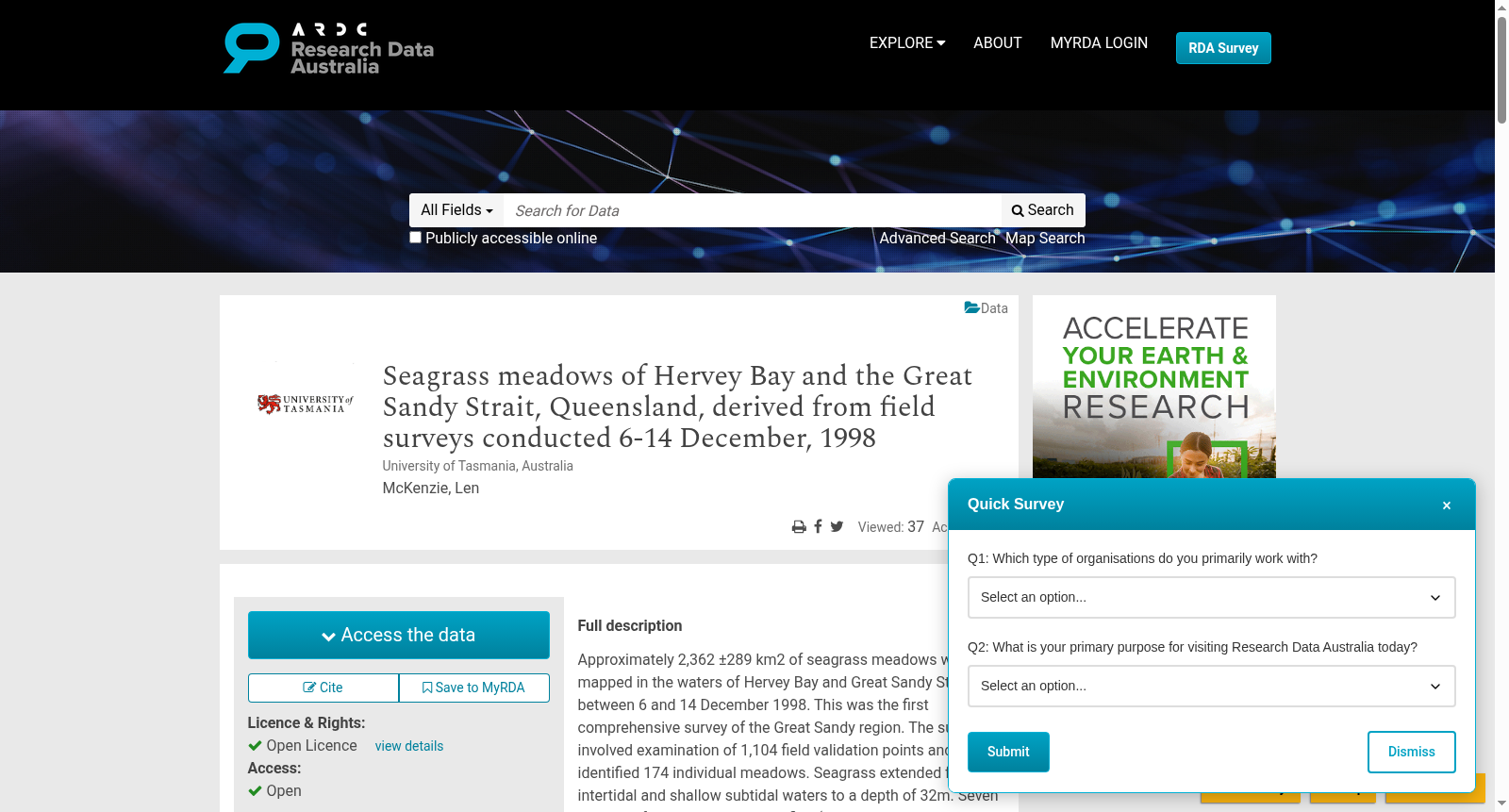Seagrass meadows of Hervey Bay and the Great Sandy Strait, Queensland, derived from field surveys conducted 6-14 December, 1998 数据集图片